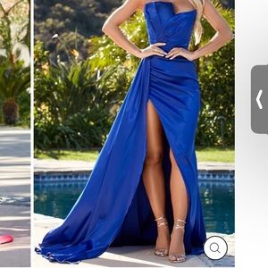 Strapless Blue Satin Gown With Side Sash